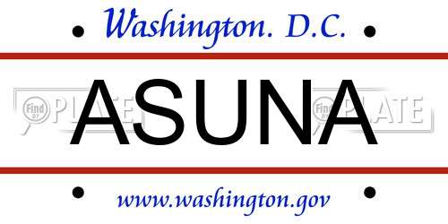 ASUNA District Of Columbia License Plate