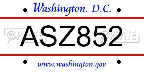 ASZ852 District Of Columbia License Plate