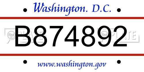 B874892 District Of Columbia License Plate