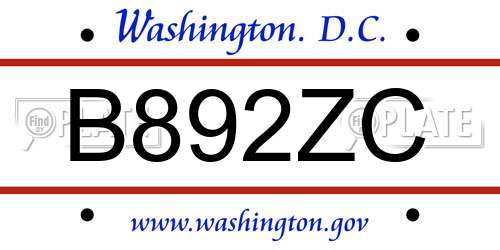 B892ZC District Of Columbia License Plate