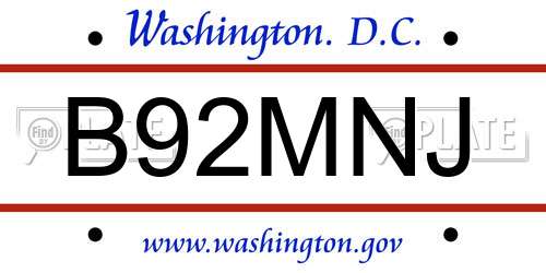 B92MNJ District Of Columbia License Plate