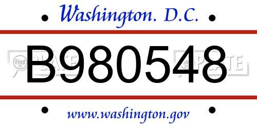 B980548 District Of Columbia License Plate