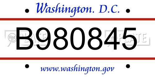 B980845 District Of Columbia License Plate