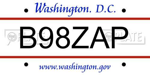 B98ZAP District Of Columbia License Plate