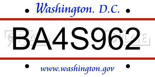 BA4S962 District Of Columbia License Plate