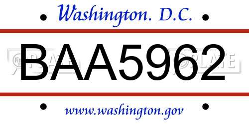 BAA5962 District Of Columbia License Plate