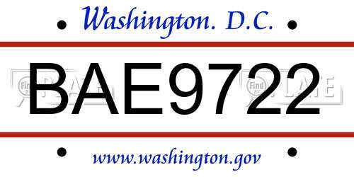 BAE9722 District Of Columbia License Plate