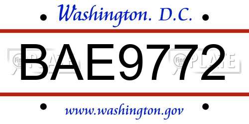 BAE9772 District Of Columbia License Plate