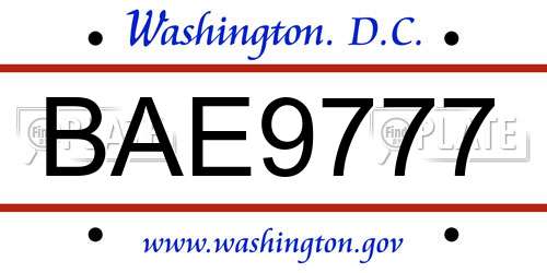 BAE9777 District Of Columbia License Plate