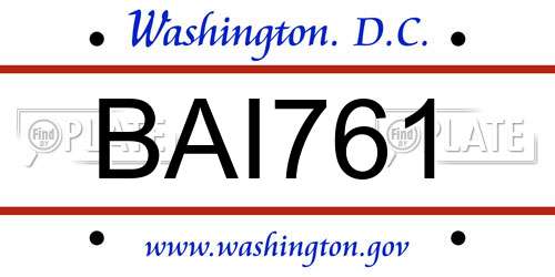 BAI761 District Of Columbia License Plate