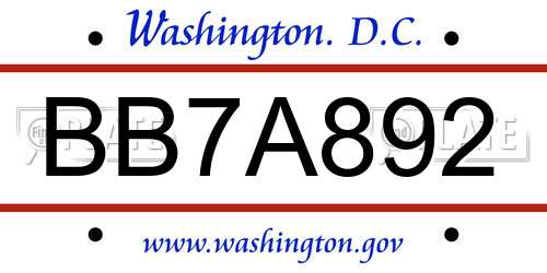 BB7A892 District Of Columbia License Plate