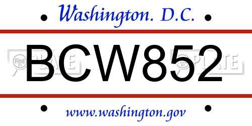 BCW852 District Of Columbia License Plate
