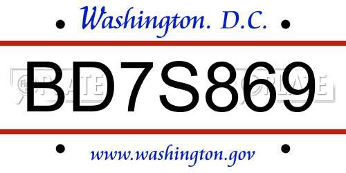 BD7S869 District Of Columbia License Plate