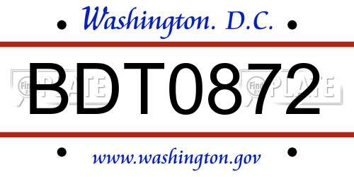 BDT0872 District Of Columbia License Plate