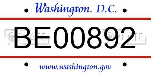 BE00892 District Of Columbia License Plate