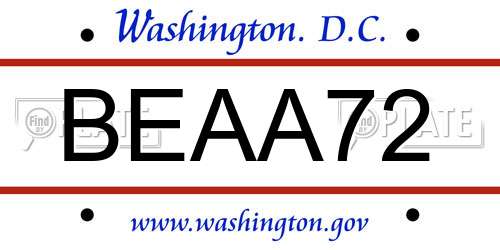BEAA72 District Of Columbia License Plate