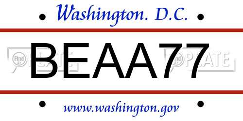 BEAA77 District Of Columbia License Plate