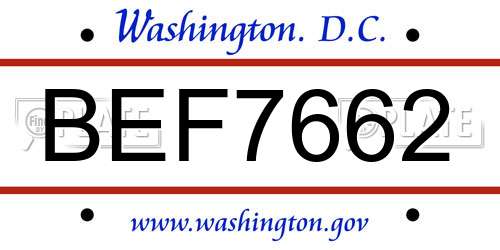 BEF7662 District Of Columbia License Plate