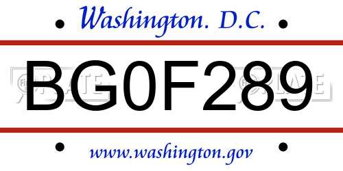 BG0F289 District Of Columbia License Plate