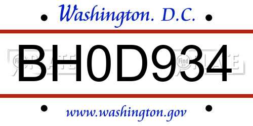 BH0D934 District Of Columbia License Plate