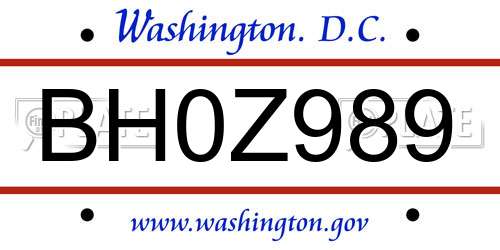 BH0Z989 District Of Columbia License Plate
