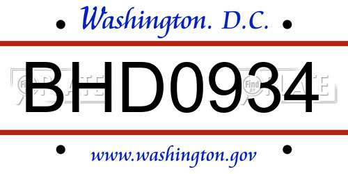 BHD0934 District Of Columbia License Plate
