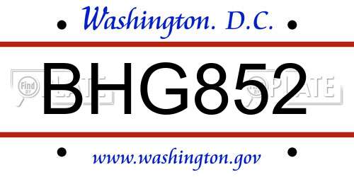BHG852 District Of Columbia License Plate
