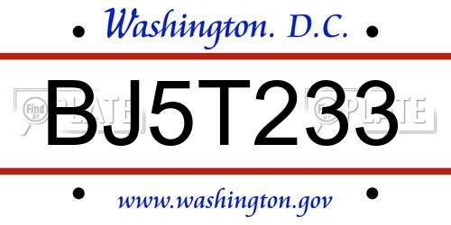 BJ5T233 District Of Columbia License Plate