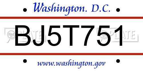 BJ5T751 District Of Columbia License Plate