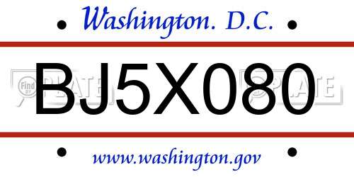 BJ5X080 District Of Columbia License Plate