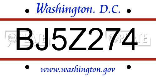BJ5Z274 District Of Columbia License Plate