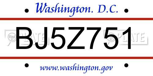 BJ5Z751 District Of Columbia License Plate