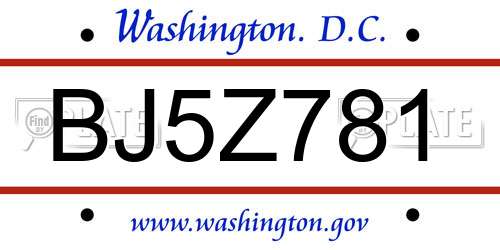 BJ5Z781 District Of Columbia License Plate
