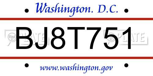 BJ8T751 District Of Columbia License Plate