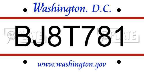 BJ8T781 District Of Columbia License Plate
