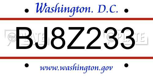 BJ8Z233 District Of Columbia License Plate