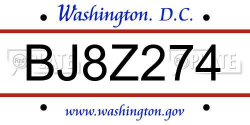 BJ8Z274 District Of Columbia License Plate