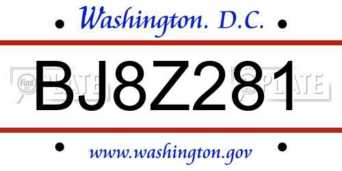BJ8Z281 District Of Columbia License Plate