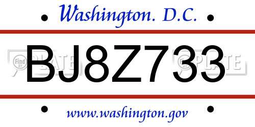 BJ8Z733 District Of Columbia License Plate