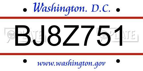 BJ8Z751 District Of Columbia License Plate