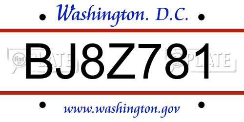 BJ8Z781 District Of Columbia License Plate