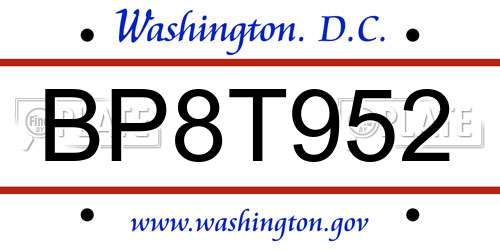 BP8T952 District Of Columbia License Plate