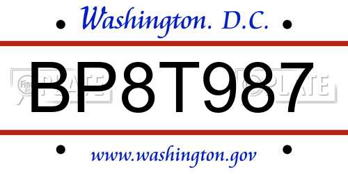 BP8T987 District Of Columbia License Plate