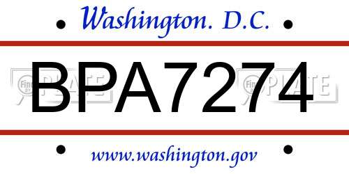 BPA7274 District Of Columbia License Plate