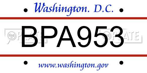 BPA953 District Of Columbia License Plate