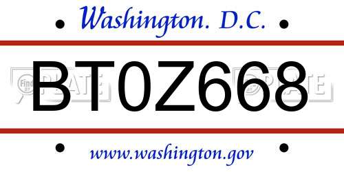 BT0Z668 District Of Columbia License Plate