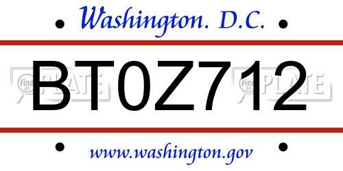 BT0Z712 District Of Columbia License Plate