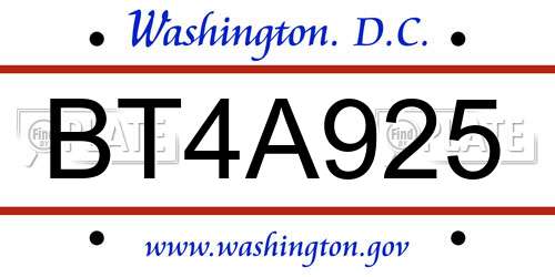 BT4A925 District Of Columbia License Plate