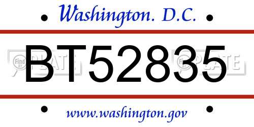 BT52835 District Of Columbia License Plate
