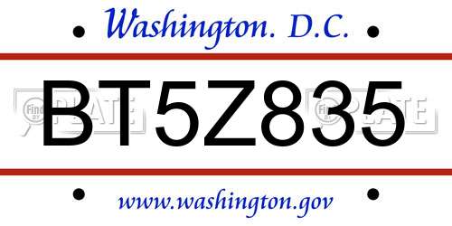 BT5Z835 District Of Columbia License Plate